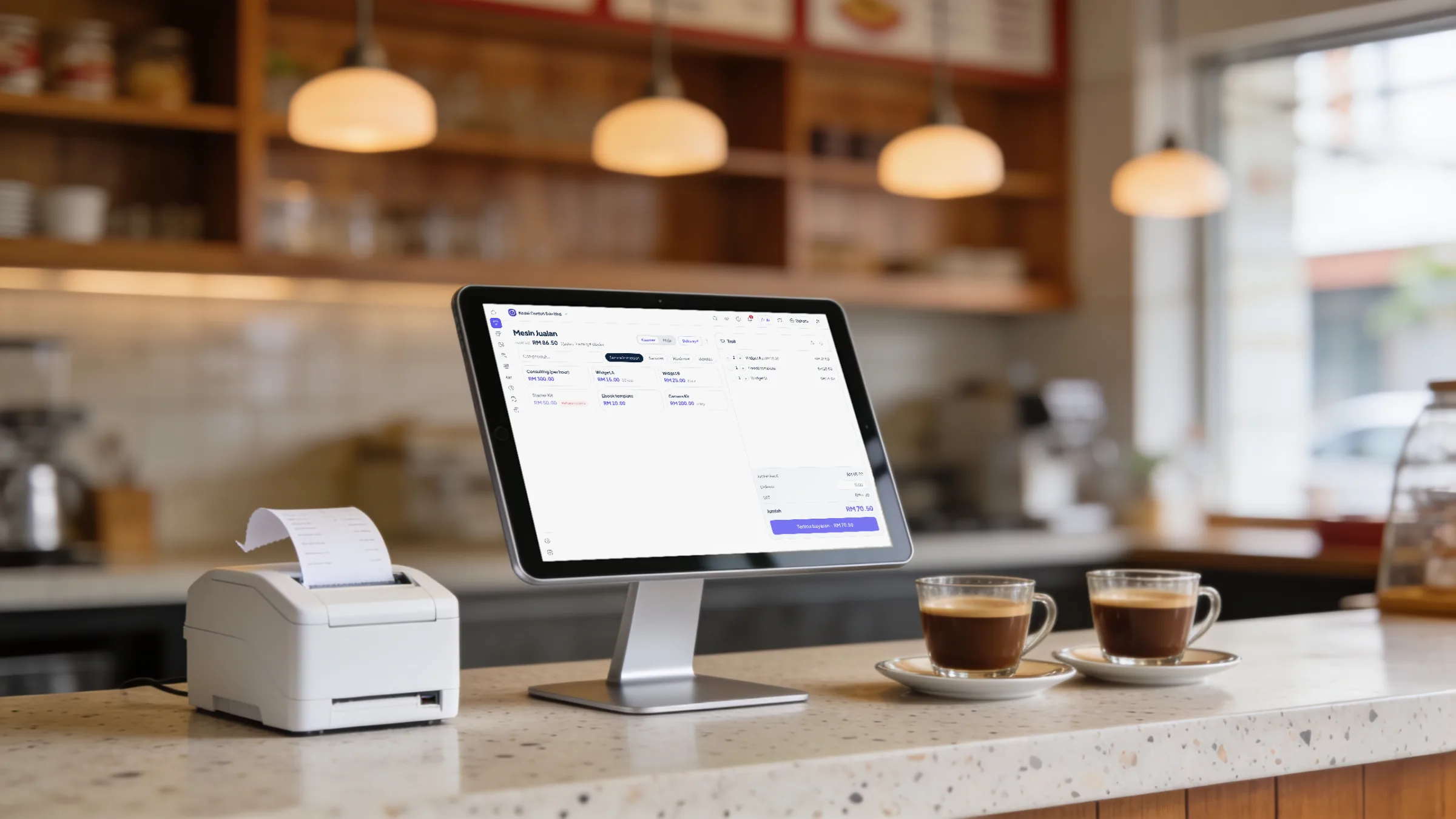Tablet di kaunter kopitiam di sebelah pencetak resit dan dua cawan kopi, memaparkan jualan Orbit Finance dengan RM 70.50 dalam troli