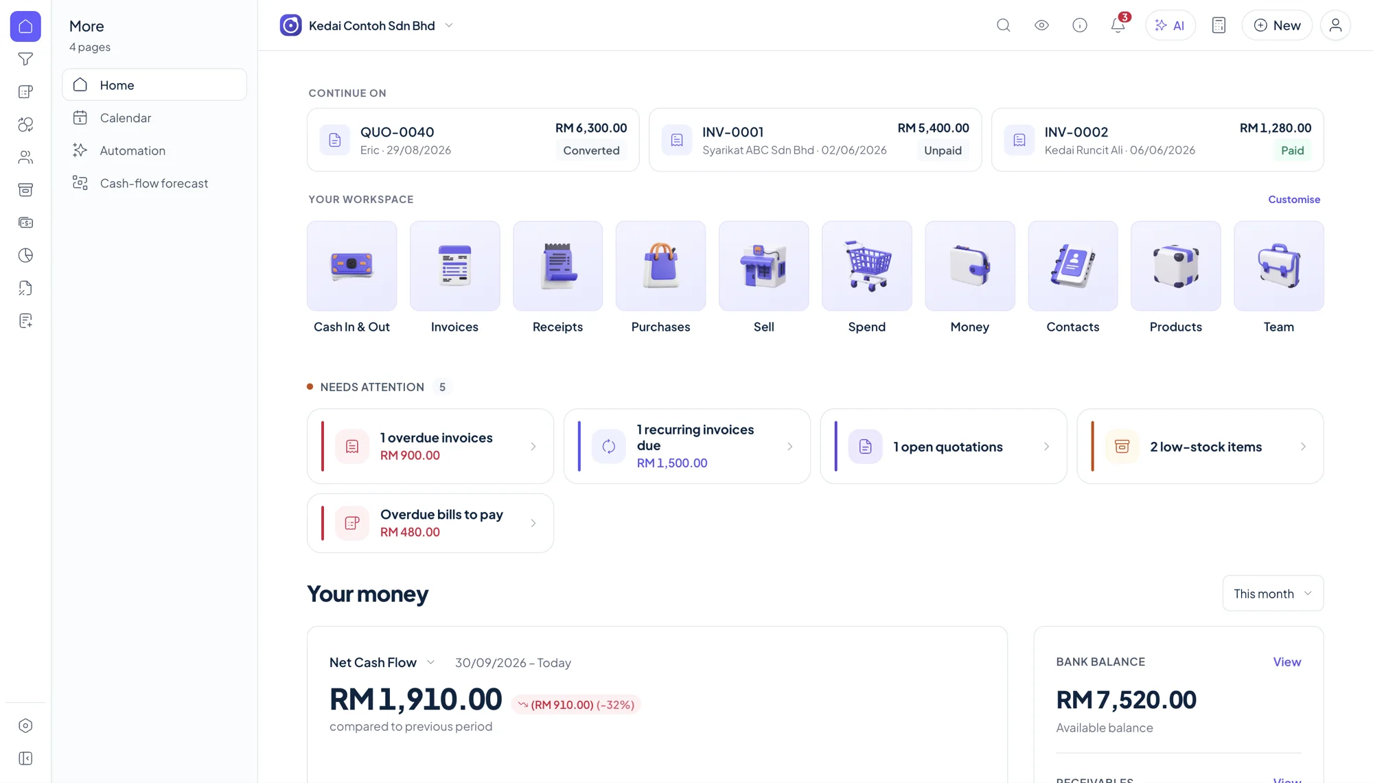 Orbit Finance home with recent documents, workspace tiles, items that need attention and your money