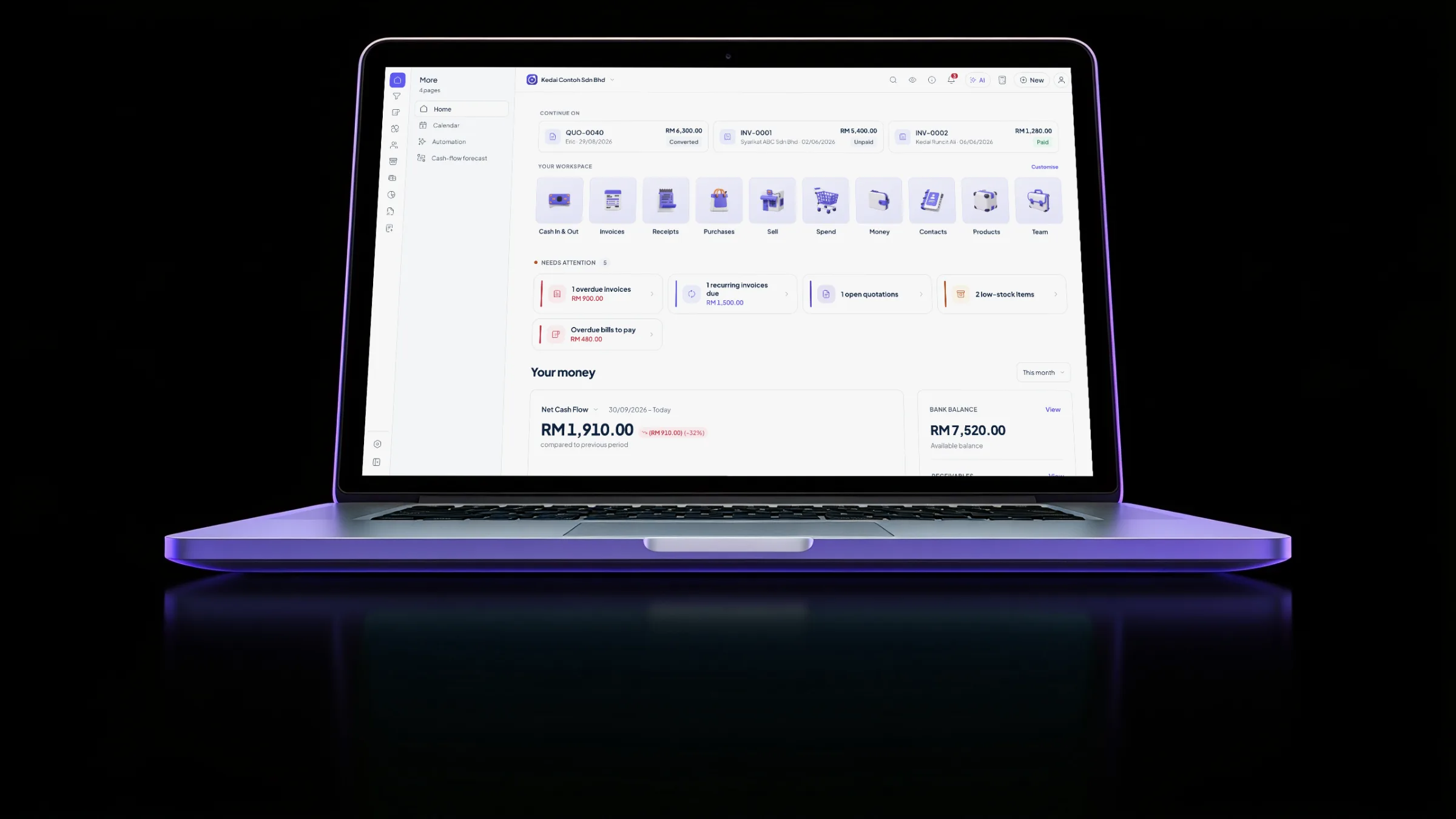 A silver laptop on black showing the Orbit Finance home: invoices to continue, workspace tiles, items that need attention and net cash flow