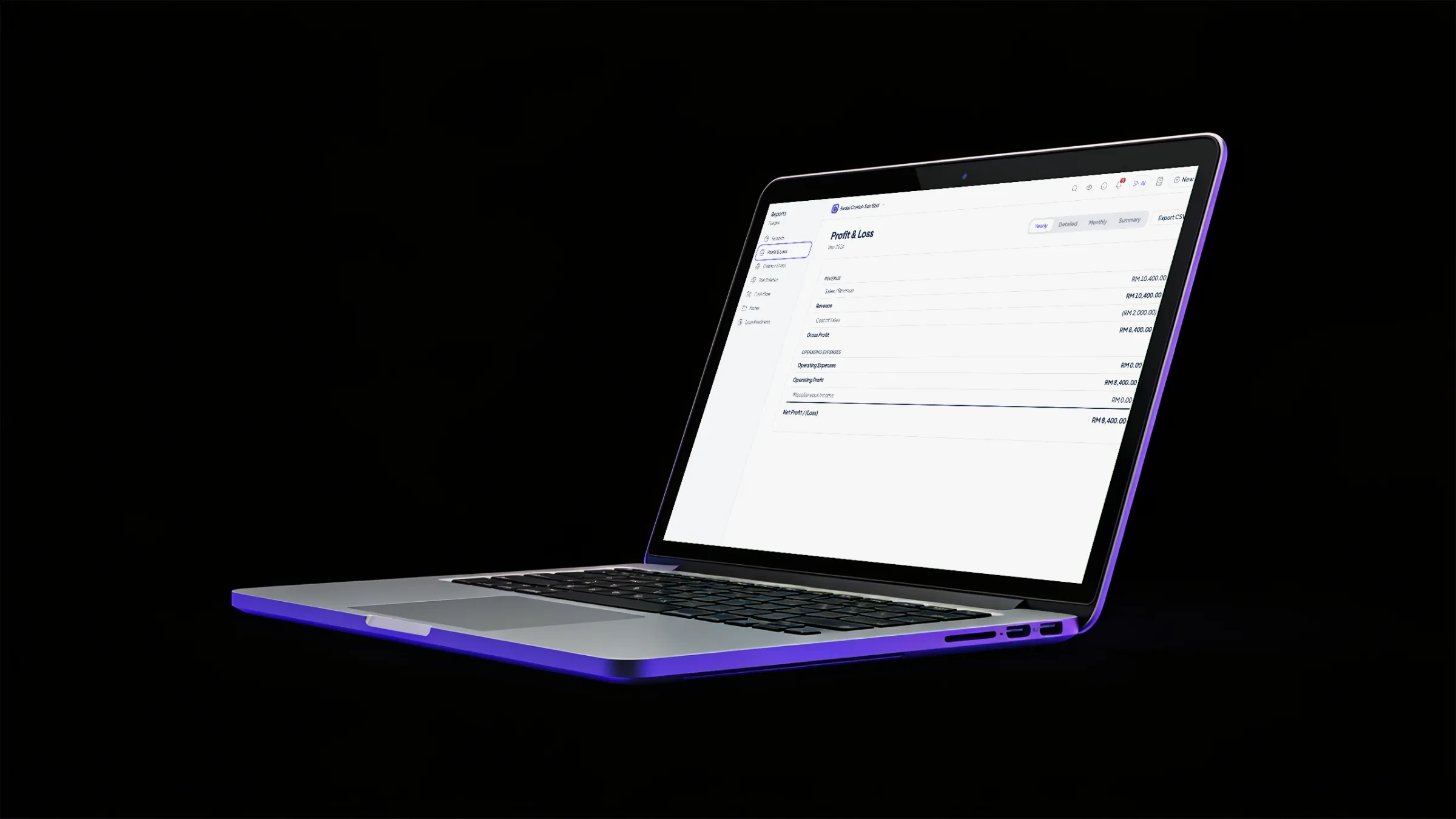 A laptop on black showing the Orbit Finance profit and loss statement for 2026