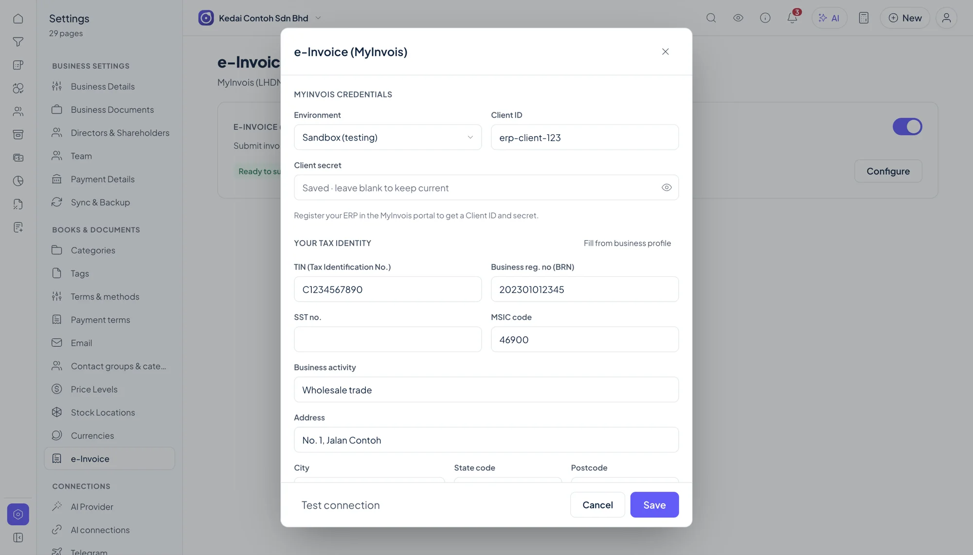 Orbit Finance e-Invoice (MyInvois) settings: environment, client ID, TIN, business registration number and MSIC code