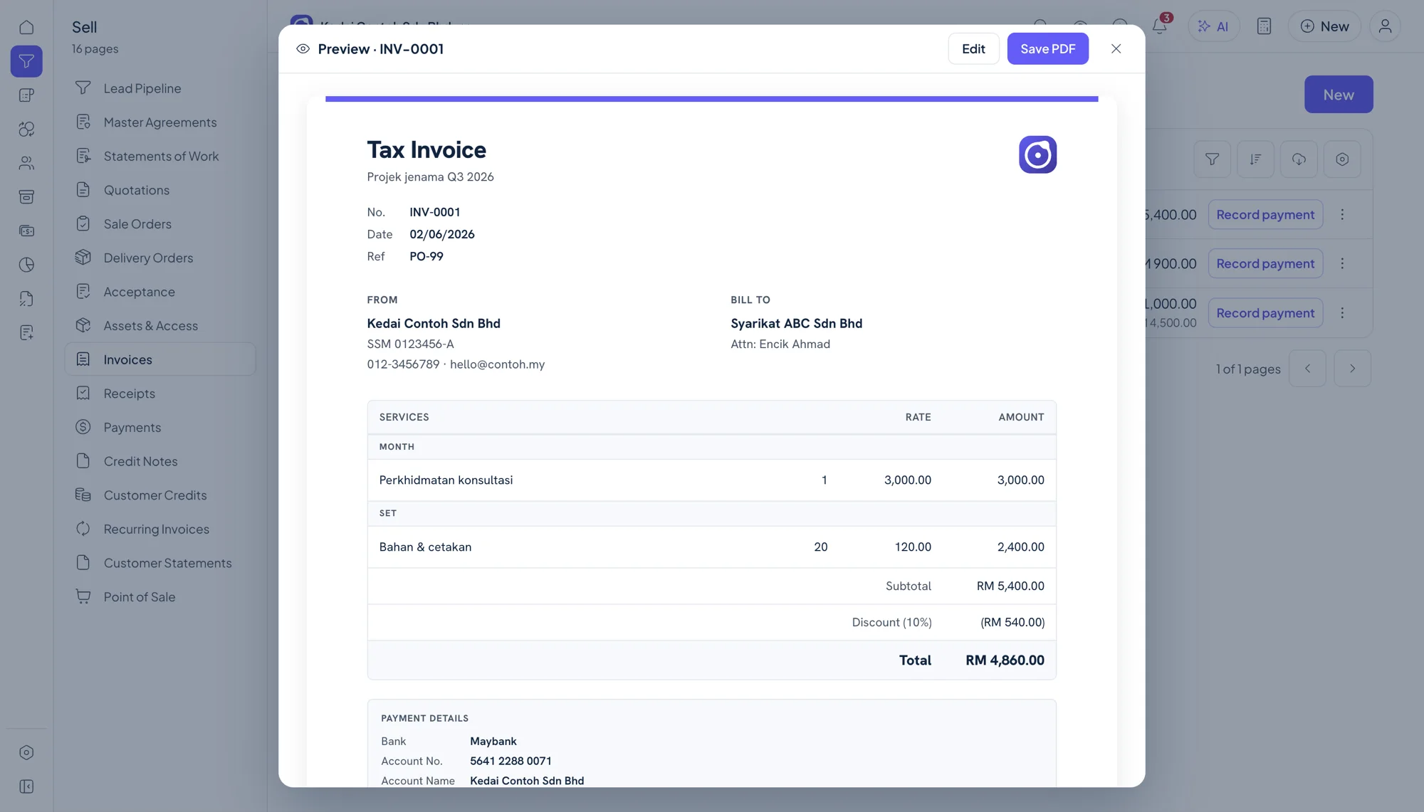 Orbit Finance tax invoice preview with line items, a 10% discount and a total of RM 4,860.00