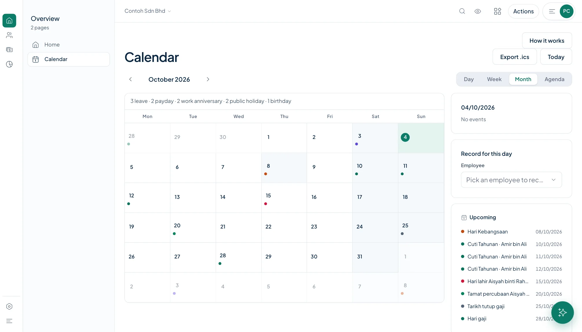 Orbit HR calendar month view with leave, paydays, public holidays, birthdays and the upcoming events list