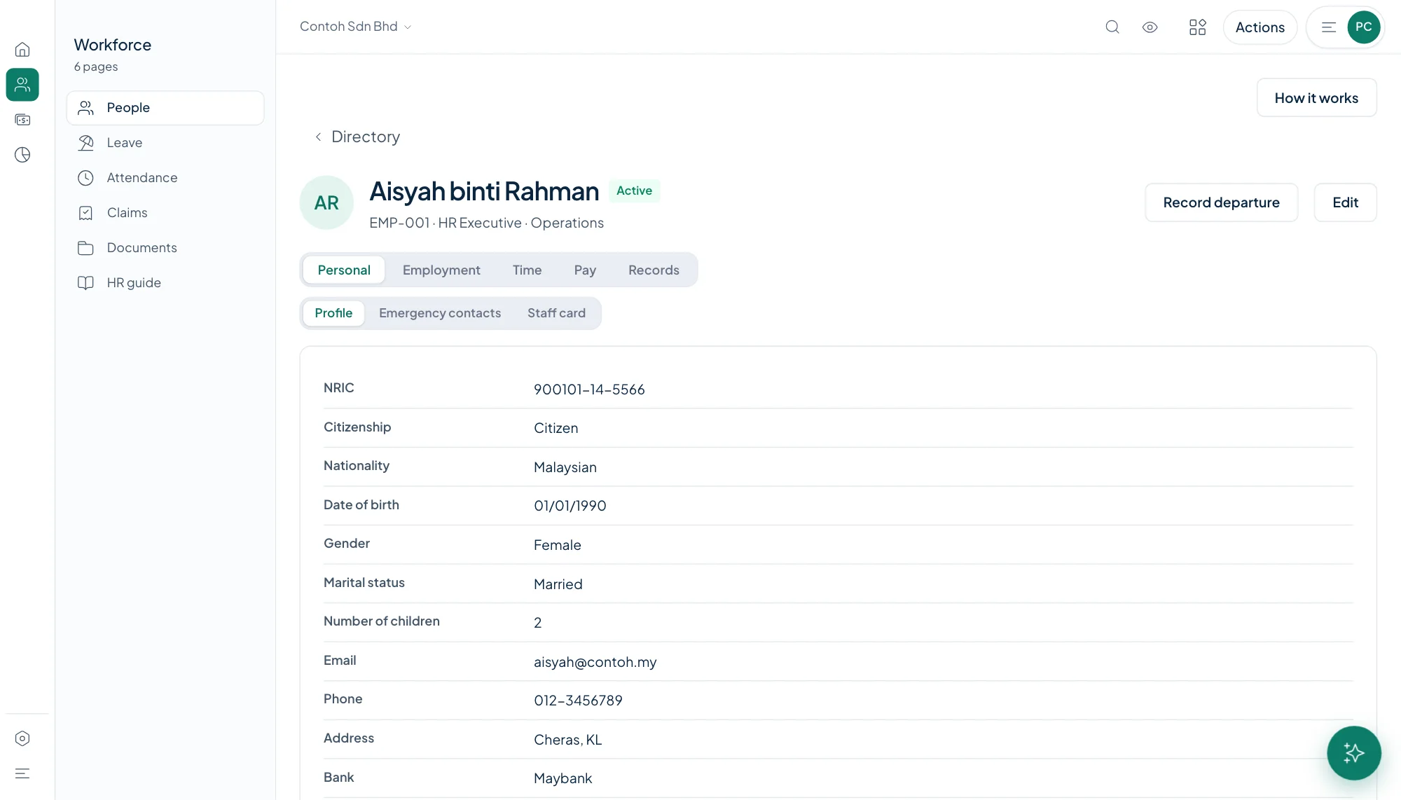 An Orbit HR employee record: NRIC, citizenship, date of birth, marital status, children, contact details and bank
