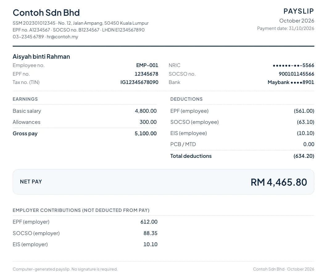 An Orbit HR payslip: earnings, EPF, SOCSO, EIS and PCB deductions, net pay of RM 4,465.80 and the employer contributions