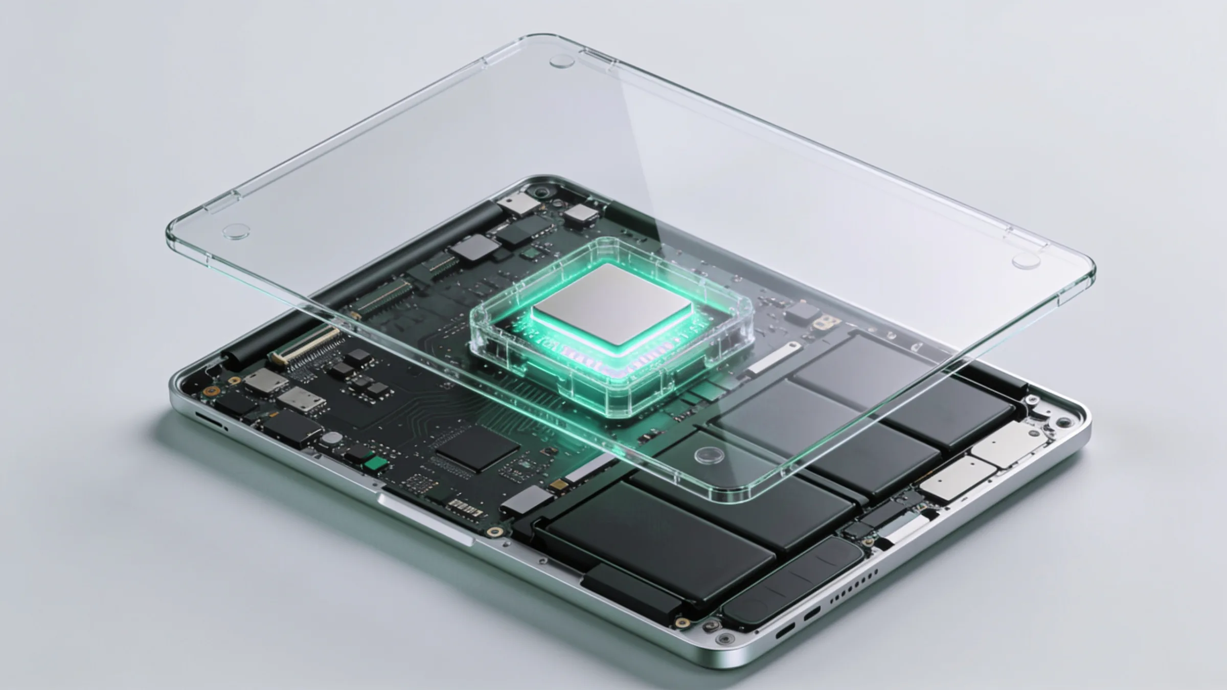 Cutaway of a laptop base with a glowing teal data core sealed inside the chassis