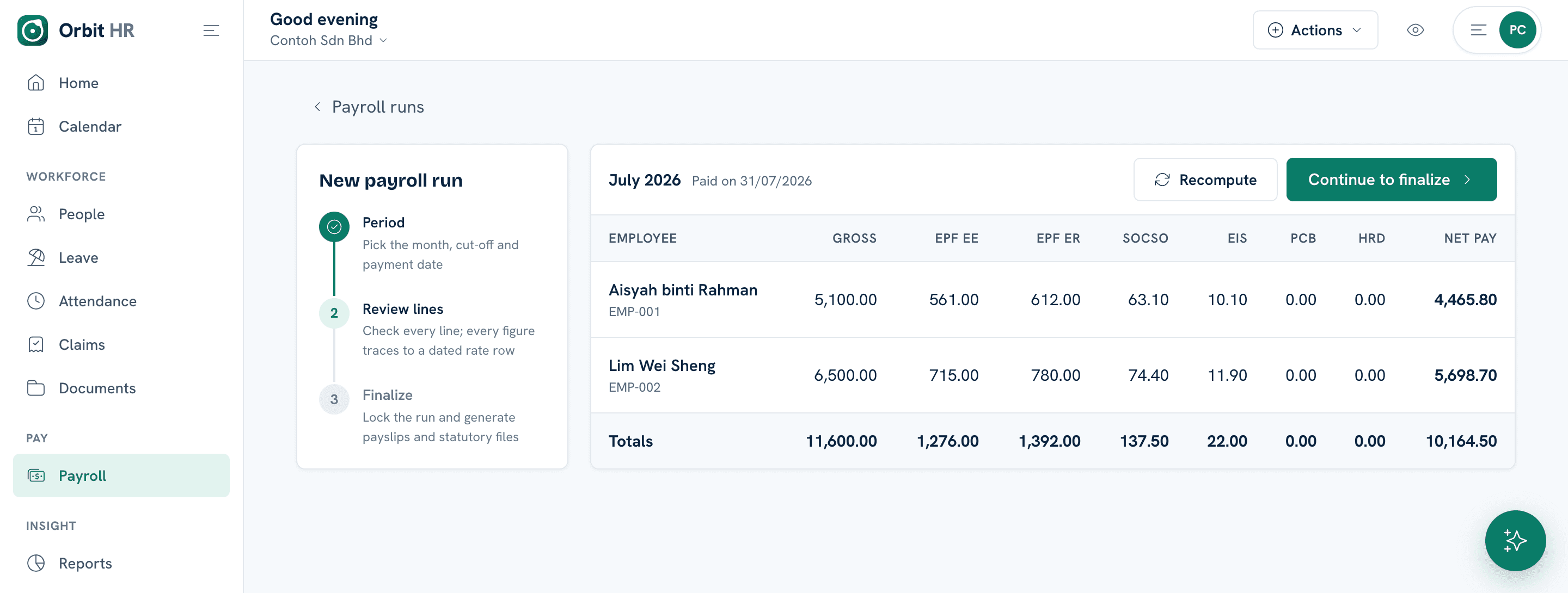 Orbit HR payroll run showing each employee's gross pay with EPF employee and employer, SOCSO, EIS, PCB and HRD Corp columns computed to the sen, and a totals row
