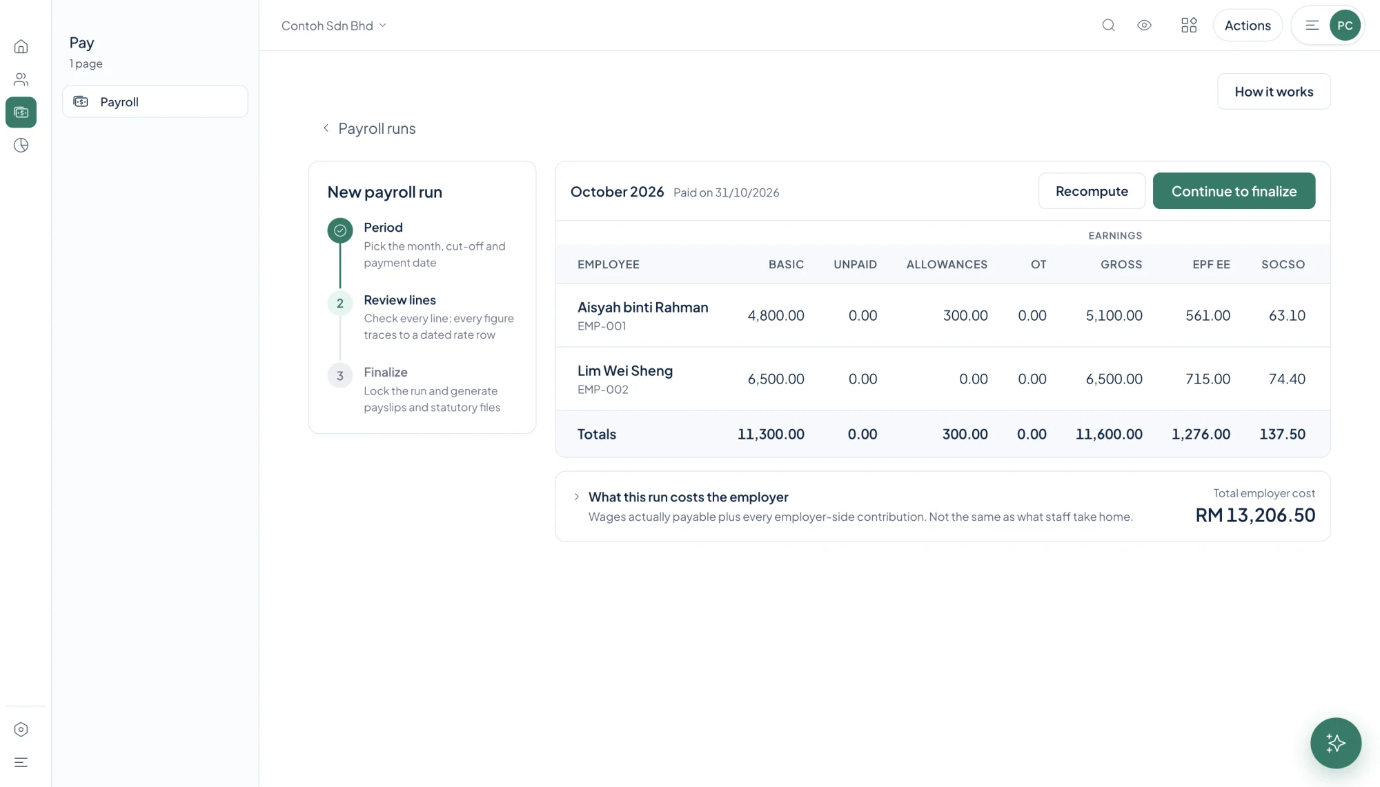 Orbit HR payroll run with basic pay, allowances, gross, EPF and SOCSO per employee