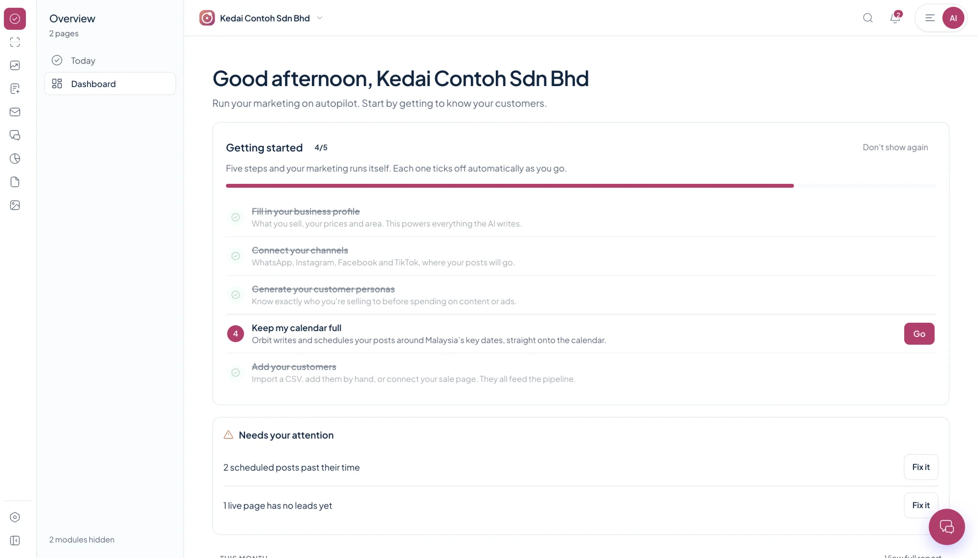 Orbit Marketing dashboard with its getting started checklist and items that need attention