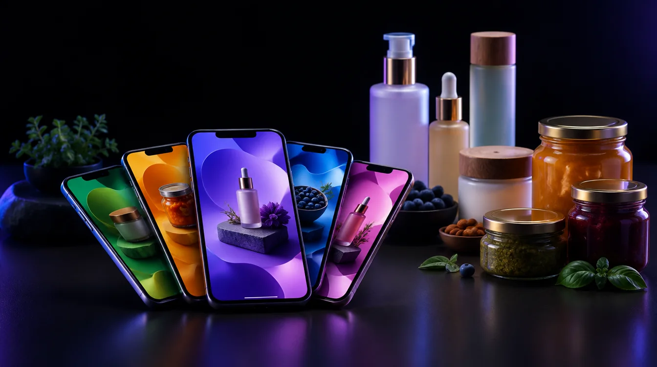 Smartphones fanned out showing product cards beside local packaged products