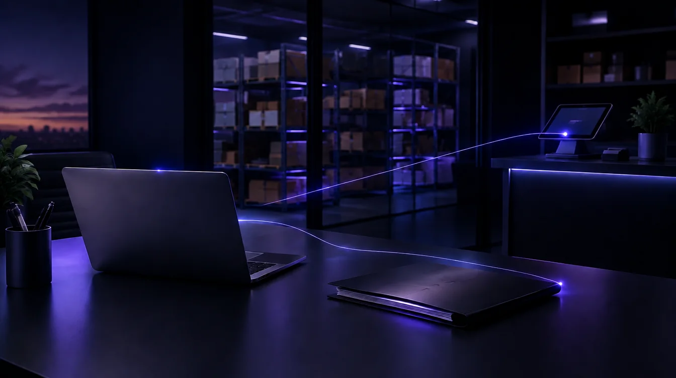 A back office at dusk with a laptop, invoices, a POS tablet and warehouse shelves linked by light