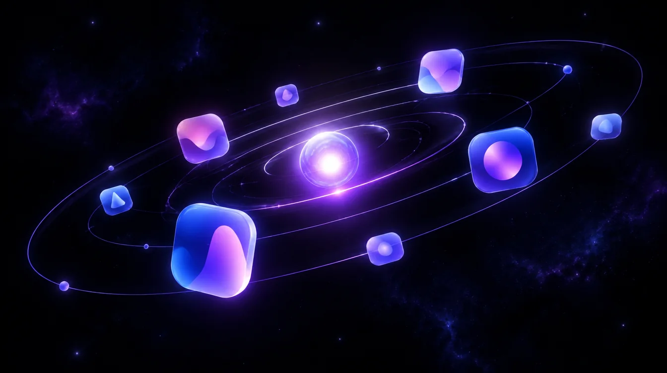 Glowing app tiles orbiting a bright violet core