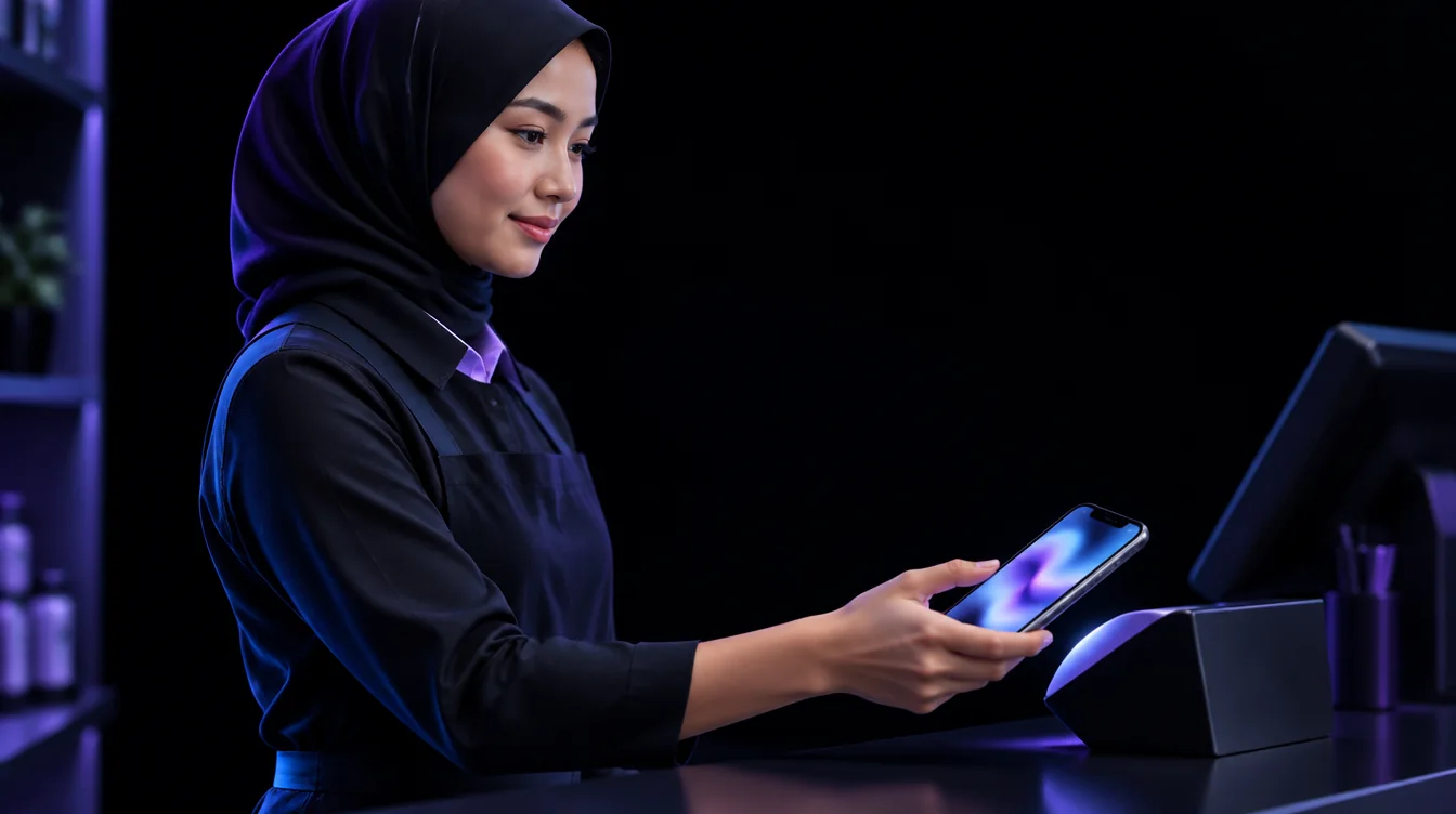 A retail worker in a shop uniform clocking in on a smartphone at the counter
