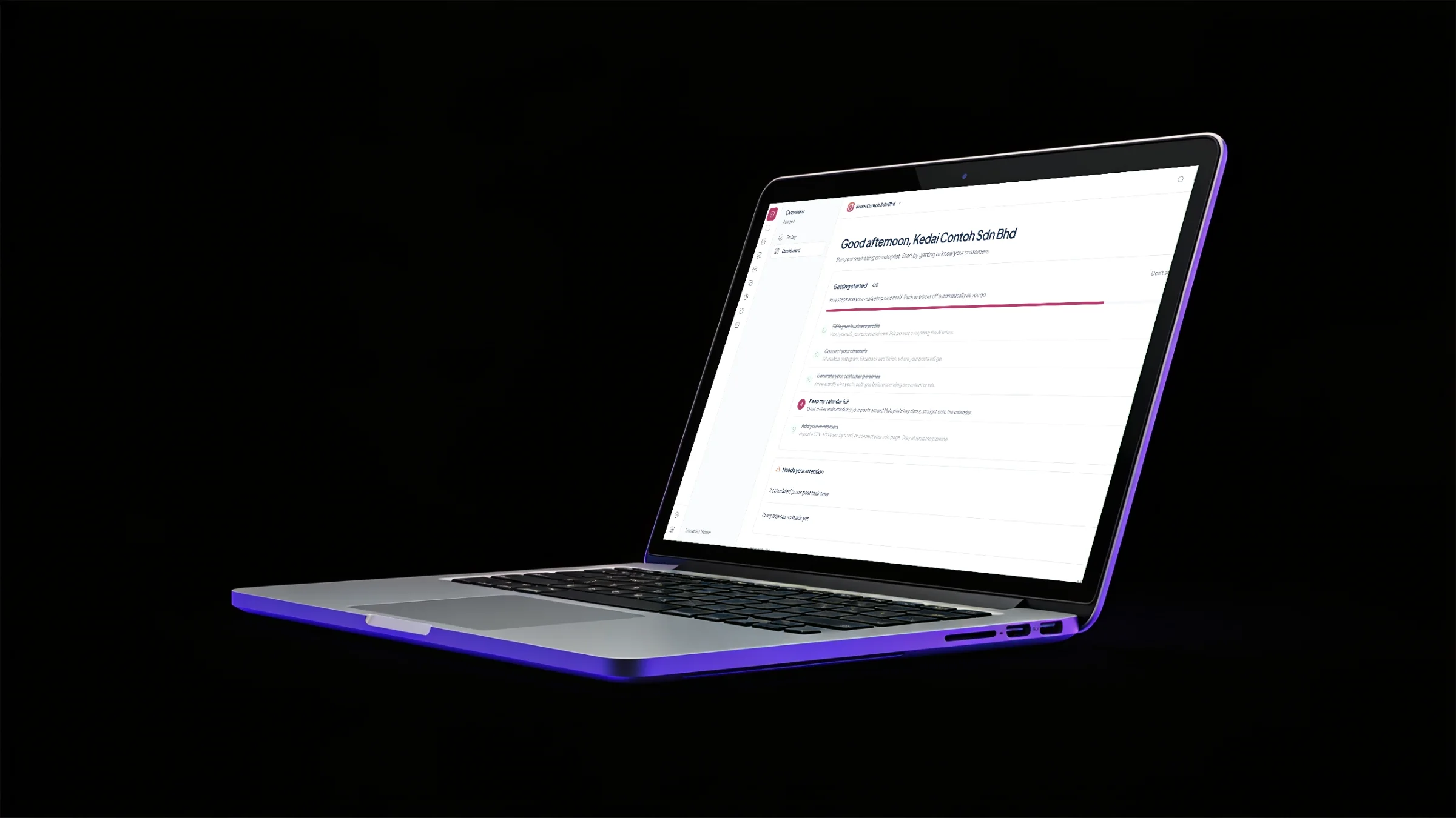 A laptop on black in three-quarter view showing the Orbit Marketing dashboard