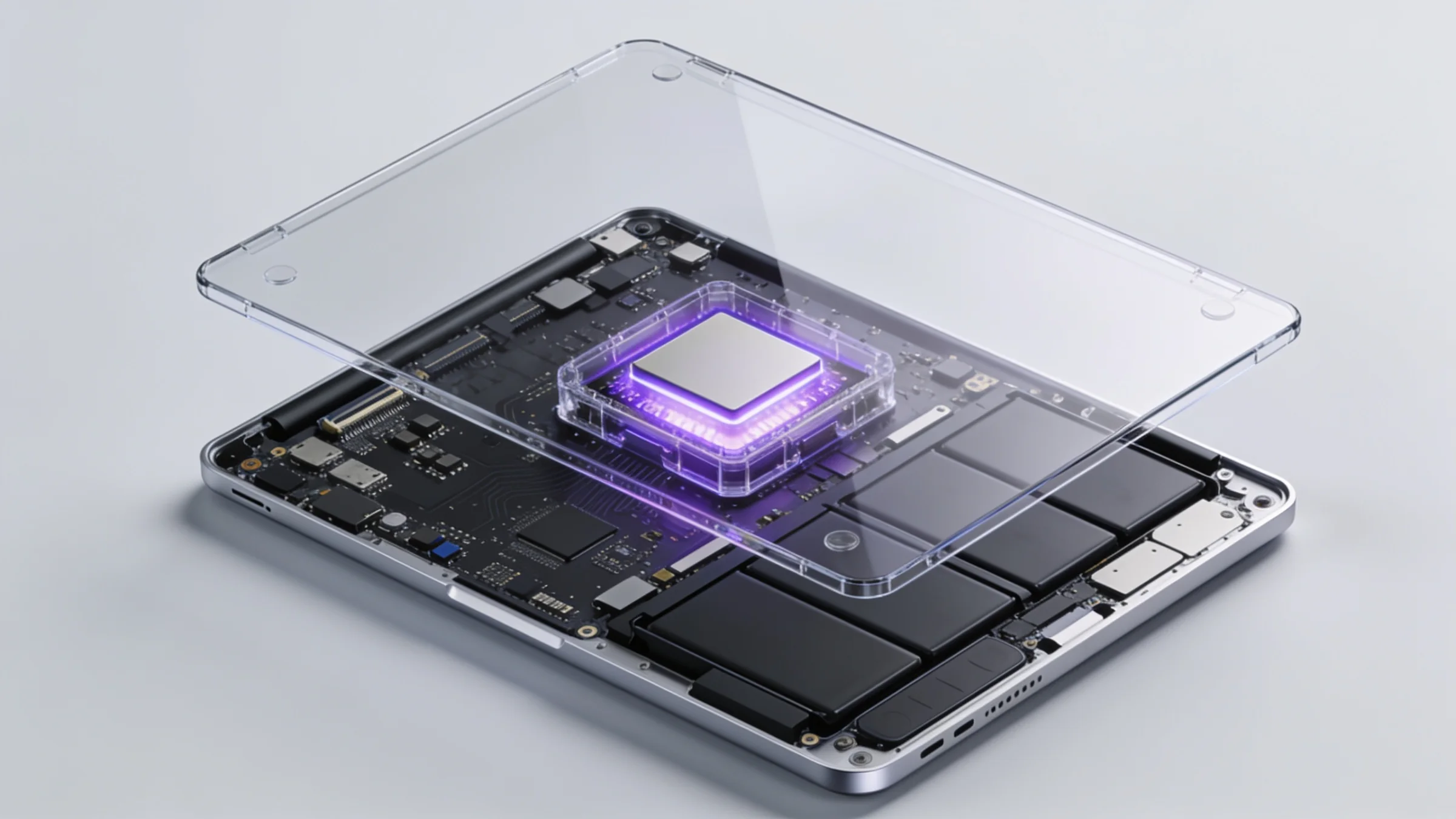 Cutaway of a laptop base with a glowing indigo data core sealed inside the chassis