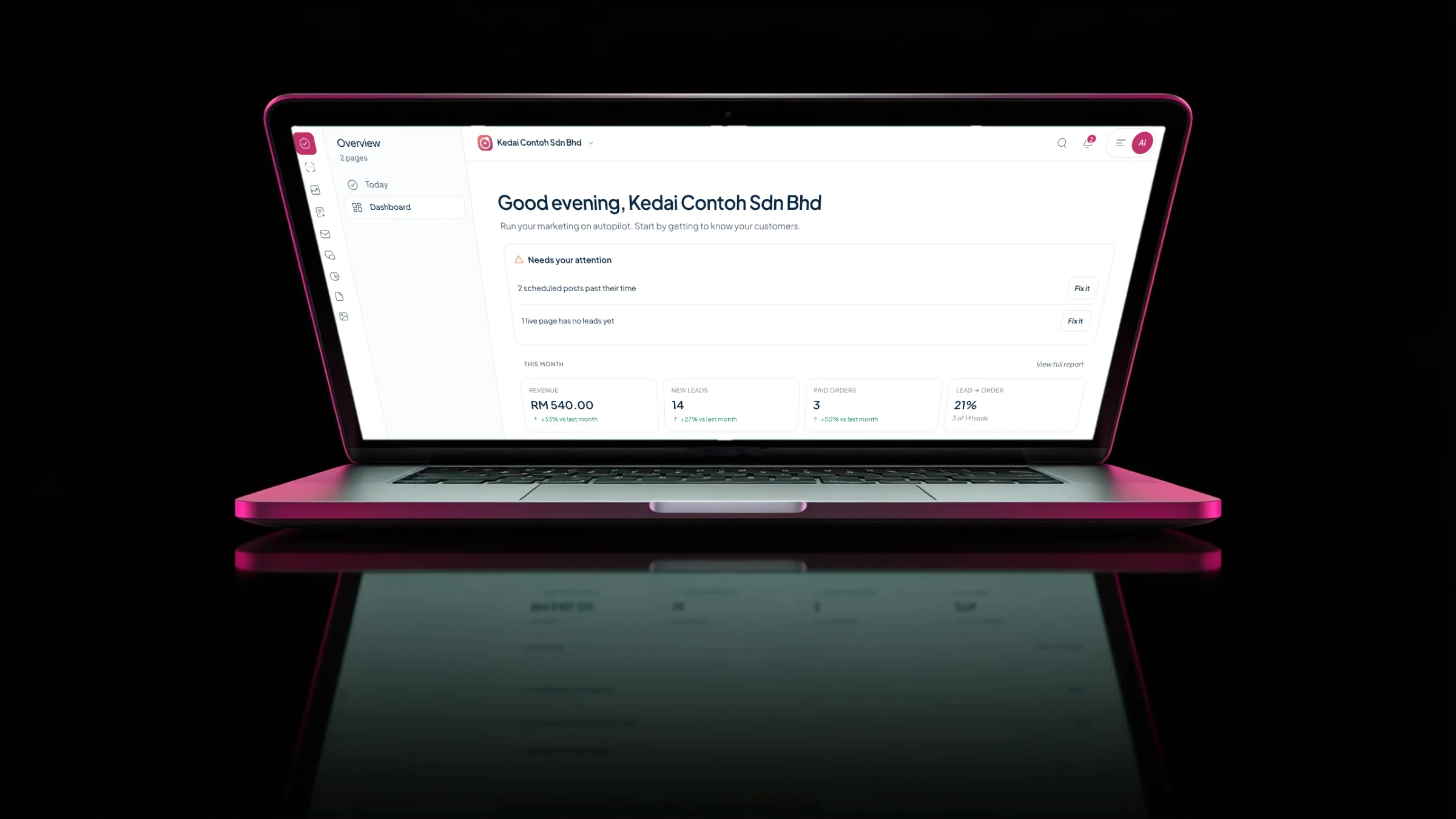A laptop with a berry rim light on black showing the Orbit Marketing dashboard: posts past their time, revenue RM 540.00 and 14 new leads