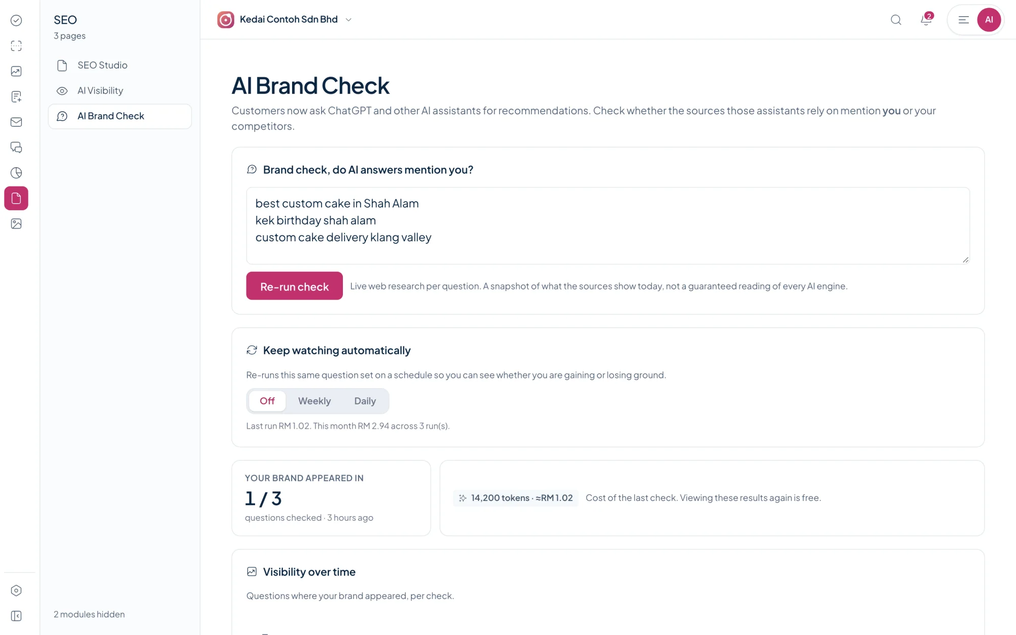Orbit Marketing AI Brand Check: three customer questions, a re-run button, weekly watching and your brand appearing in 1 of 3 answers