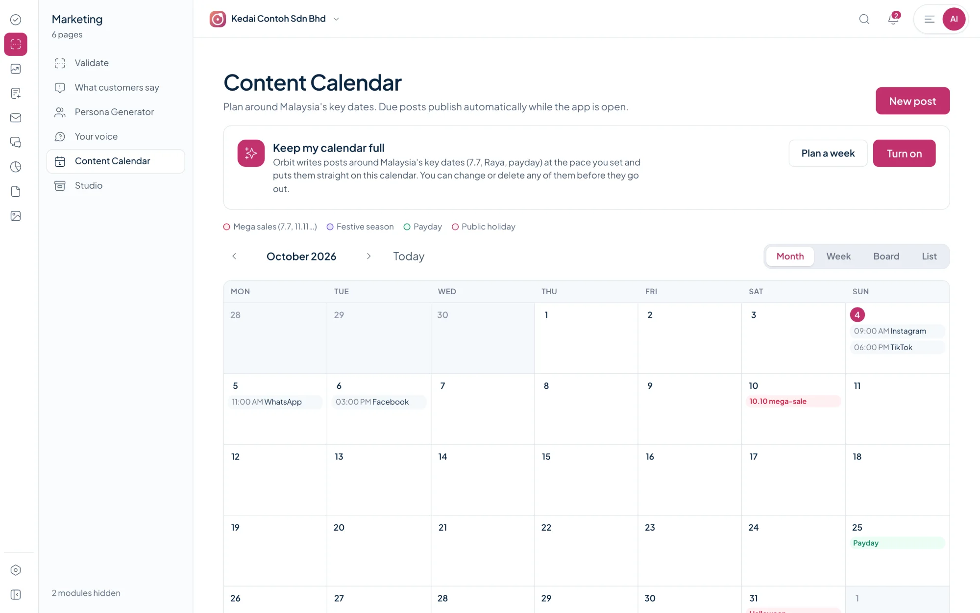 Orbit Marketing content calendar, month view, with scheduled WhatsApp and Facebook posts and Malaysian key dates