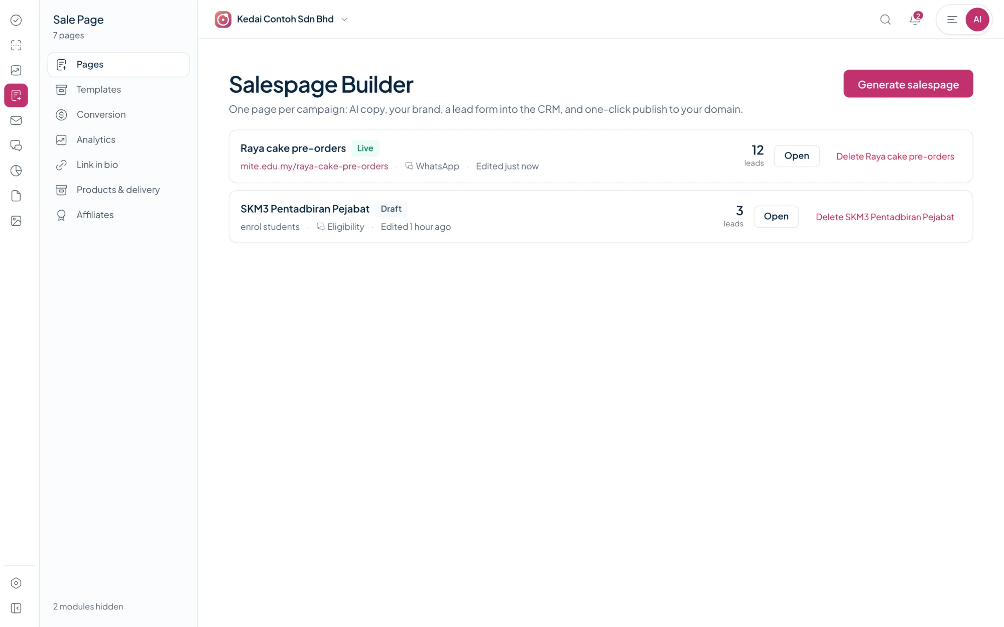 Orbit Marketing sale page builder listing a live Raya cake pre-order page with 12 leads and a draft page with 3
