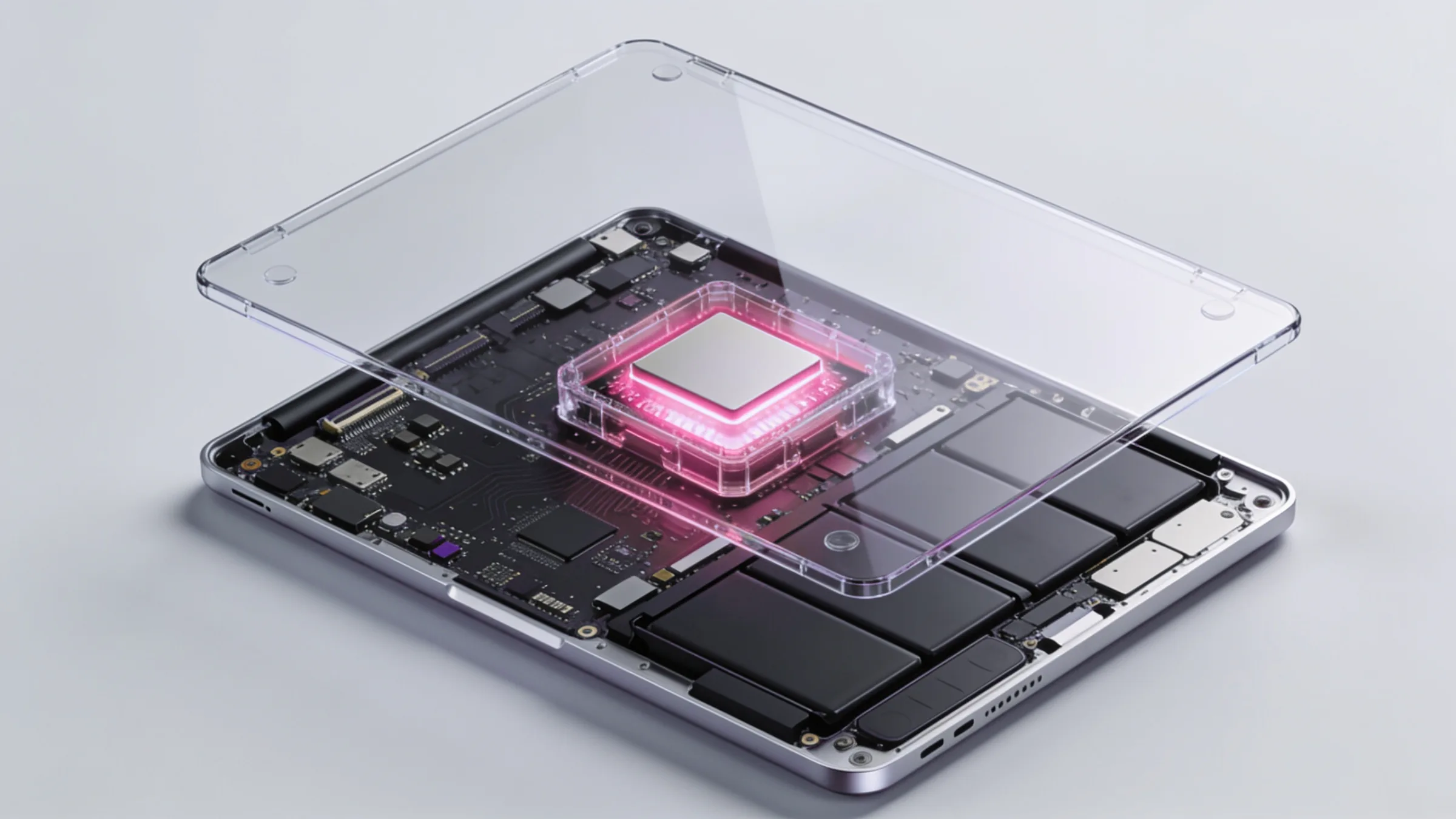 Cutaway of a laptop base with a glowing data core sealed inside the chassis