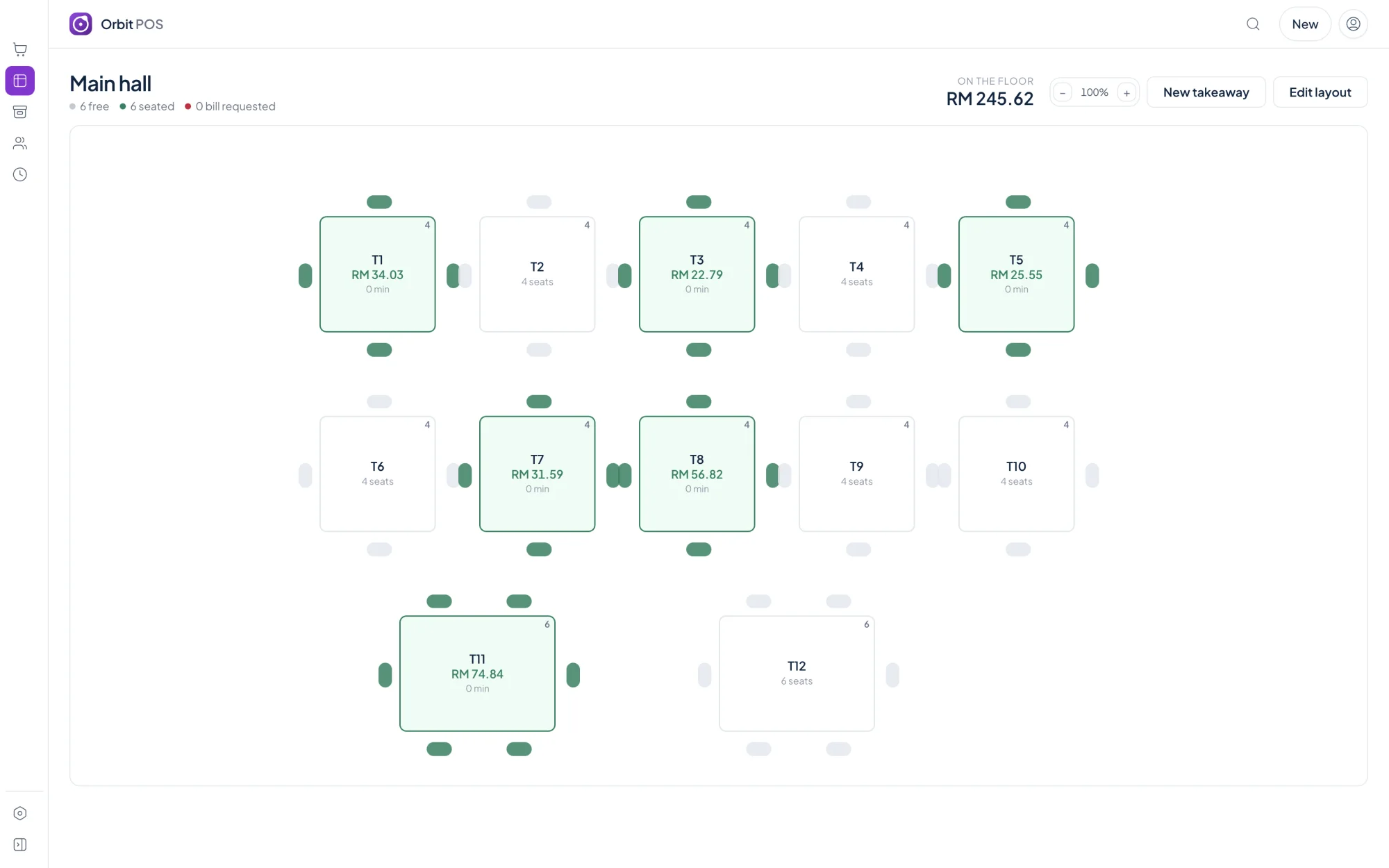 The Orbit POS floor plan: tables by room, each showing its state