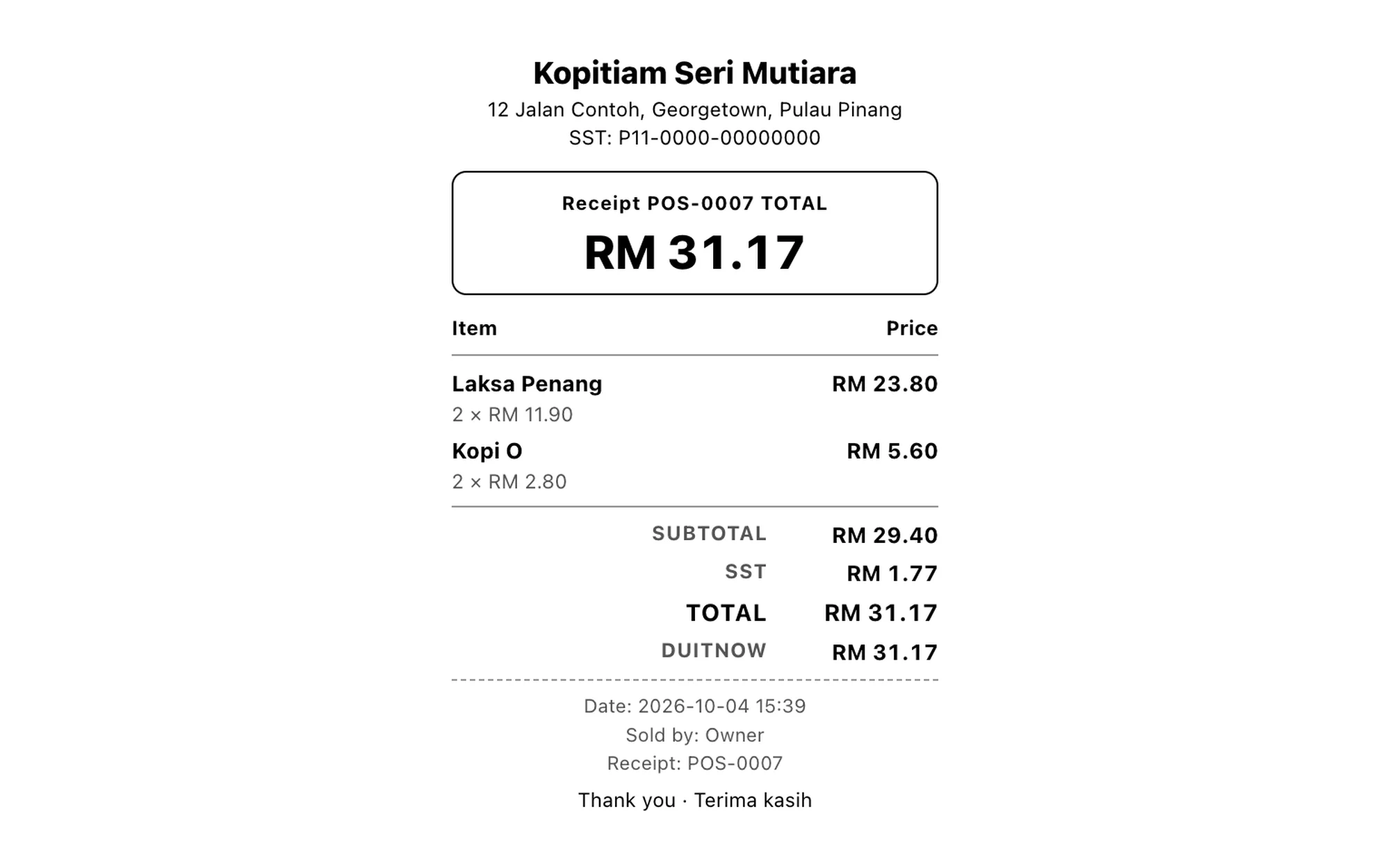 An Orbit POS receipt: the shop's SST number, two items, subtotal, SST on its own line, total and DuitNow payment