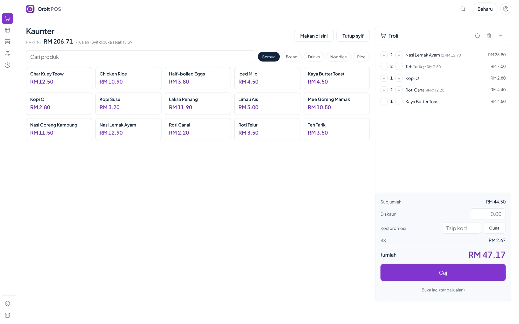 Kaunter Orbit POS: item menu ikut kategori, troli, SST dan jumlah dalam RM