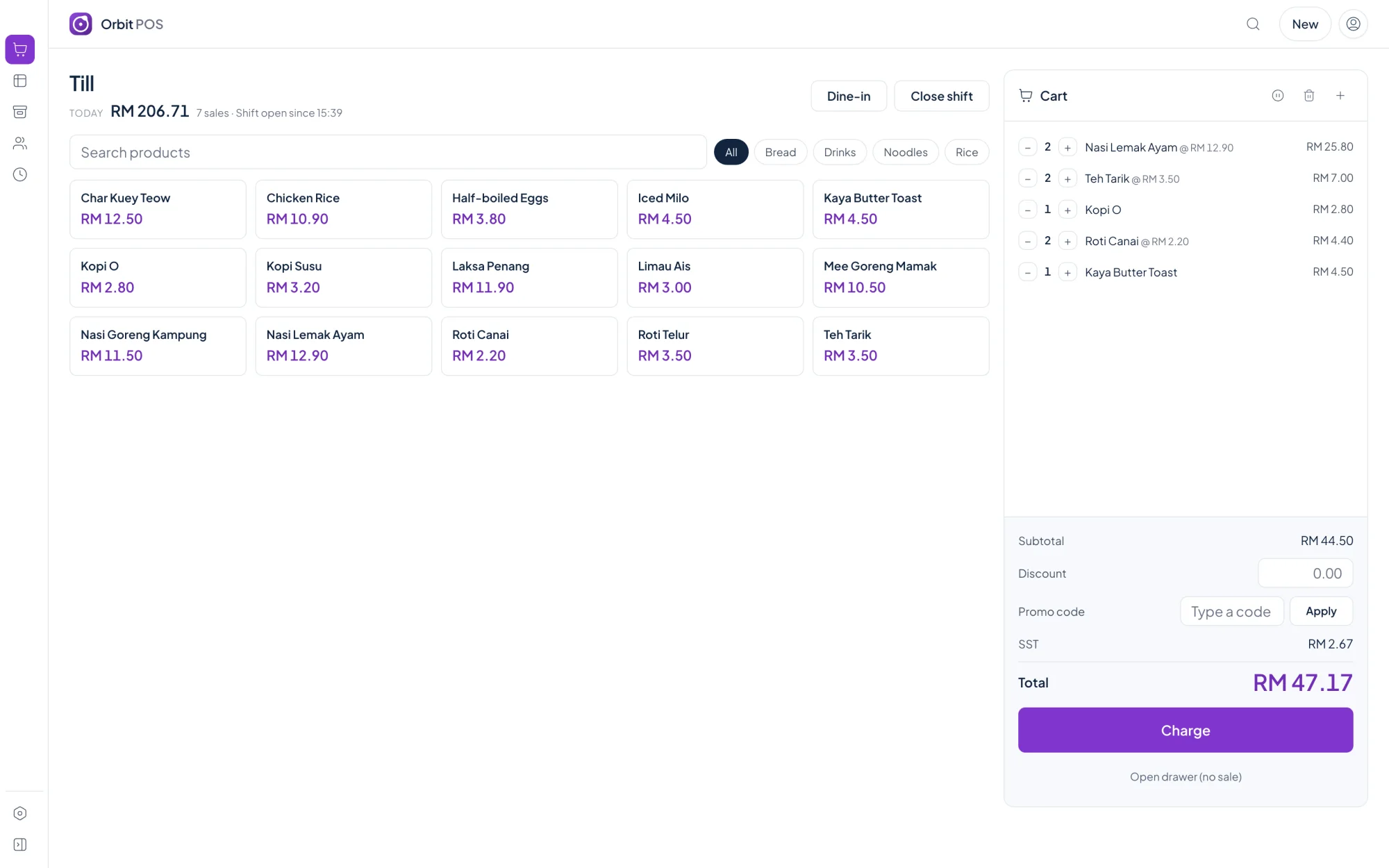 The Orbit POS till: menu items by category, the cart, SST and the total in RM